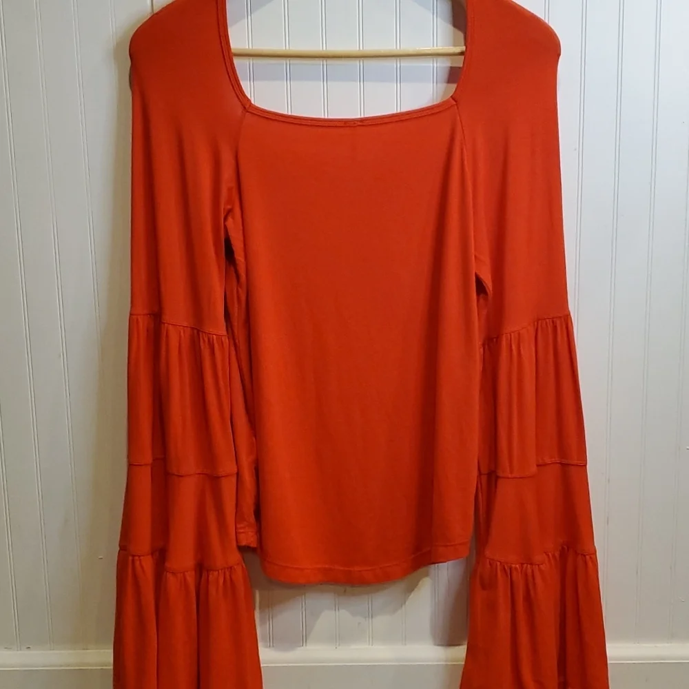 Free People Red Bell Sleeve Scoop Neck Top
